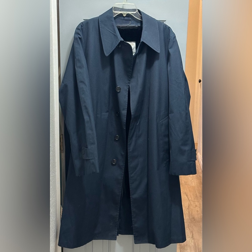London Fog Maincoats Trench Coat Mens 44 Regular Navy Blue w/ Black Fur Liner